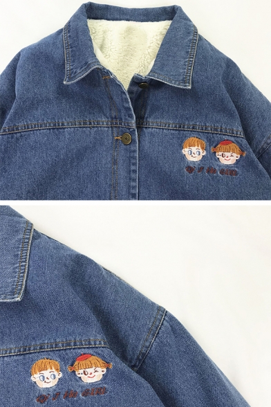 Fashion Girls' Long Sleeve Lapel Collar Button Down Flap Pockets Cartoon Graphic Sherpa Liner Loose Denim Jacket in Blue
