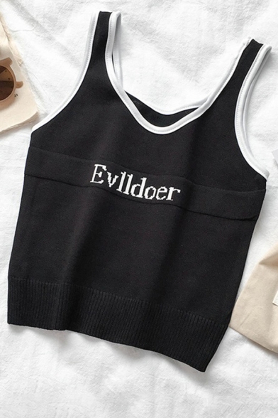 Fashion Girls' Sleeveless Letter EVLLDOER Printed Contrast Piped Knit Fitted Cami Top