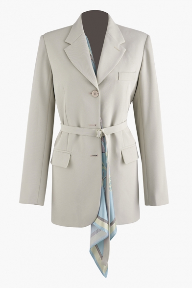 Female Apricot Formal Long Sleeve Notch Collar Button Down Flap Pockets Buckle Belted Slim Blazer with Patterned Scarf