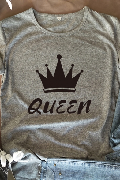 Female Letter QUEEN Crown Pattern Round Neck Short Sleeved Cotton T-Shirt