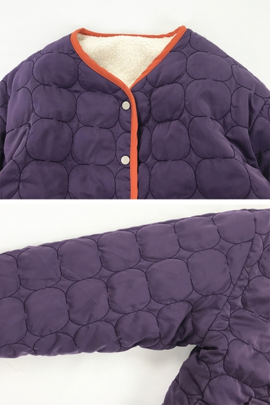 Female Warm Cozy Long Sleeve V-Neck Button Down Pocket Reversible Thick Sherpa Fleece Relaxed Fit Jacket in Purple