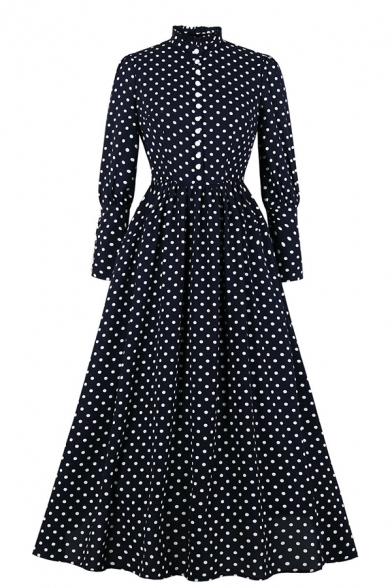 Formal Fancy Women's Long Sleeve Stand Collar Button Down Polka Dot Printed Ruffled Trim Long Pleated A-Line Dress in Navy