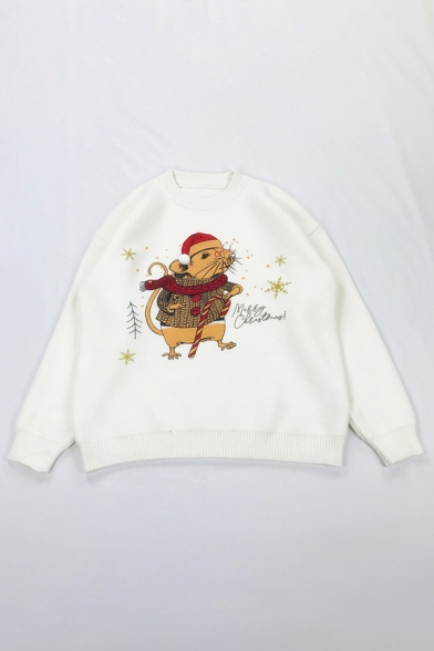 Funny Chinese Zodiac Rat Pattern Long Sleeve Loose Boucle-Knit Christmas Sweater