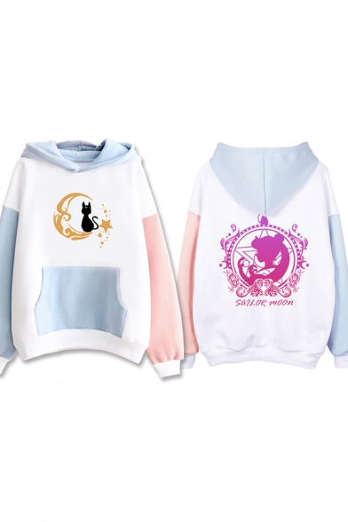 Girls' Harajuku Fashion Long Sleeve SAILOR MOON Letter Kitty and Girl Patterned Kangaroo Pocket Contrasted Oversize Tunic Hoodie in White