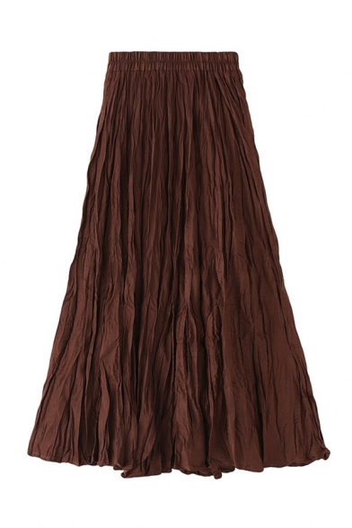 Gorgeous Chic Plain Elastic Waist Maxi Pleated A-Line Skirt for Girls