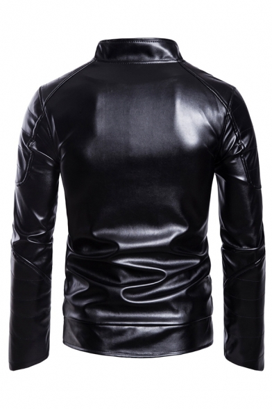Guys Unique Black Long Sleeve Zip Placket Slim Fit Diamond Quilted PU Leather Jacket