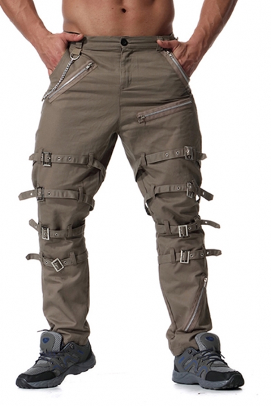 Hip Hop Plain Chain Buckle Decoration Zipper Fly Cargo Pants Leisure Trousers