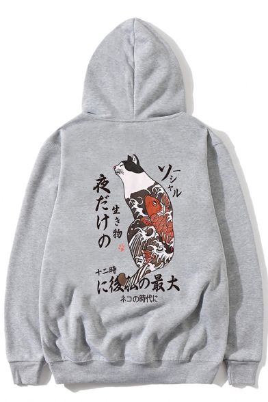 Hip Hop Style Japanese Letter Cat Printed Long Sleeve Oversized Retro Hoodie