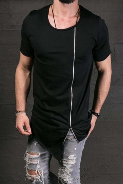 Hipster Hip Hop Style Plain Zipper Decoration Asymmetric Hem Short Sleeved T-Shirt for Men