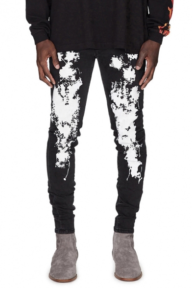 Hot Popular Splash Paint Printed Zip Fly Skinny Fit Cool Jeans for Men