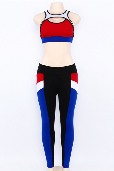 Ladies Active Color Block Splicing Cutout Front Tank Top with Leggings Sports Co-ords