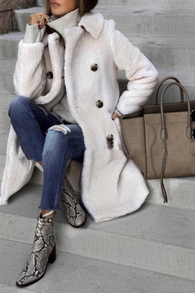 Ladies Elegant Turn Down Collar Double Breasted Pockets Side Thick Fur Relaxed Midi Wool Coat in White