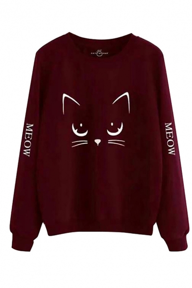 Lovely Cartoon Cat Face Pattern MEOW Letter Printed Long Sleeve Relaxed Pullover Sweatshirt