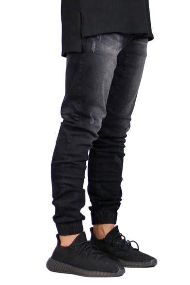 Mens Fashionable Plain Straight Fit Jogger Denim Pants Casual Ripped Jeans
