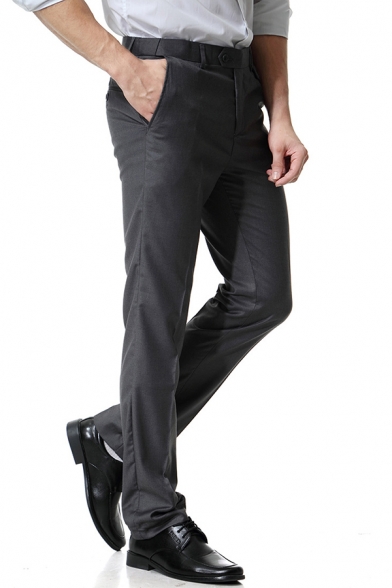 Mens Formal Adjustable Waist Zip Fly Solid Color Straight Fit Business Suit Pants