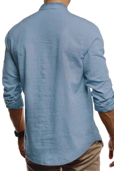 Mens Leisure Plain Long Sleeve Arc Hem Half Button Closure Relaxed Linen Shirt