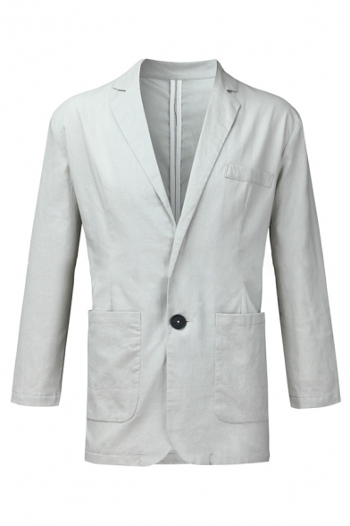 Mens Leisure Plain Notched Collar Long Sleeve One Button Linen Blazer with Double Pocket