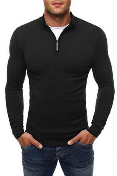 Mens Leisure Solid Color High Collar Long Sleeve Half Zip Placket Slim Fit Pullover Sweater