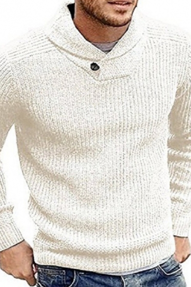 Mens Simple Plain Shawl-Collar Long Sleeve Leisure Knit Pullover Sweater