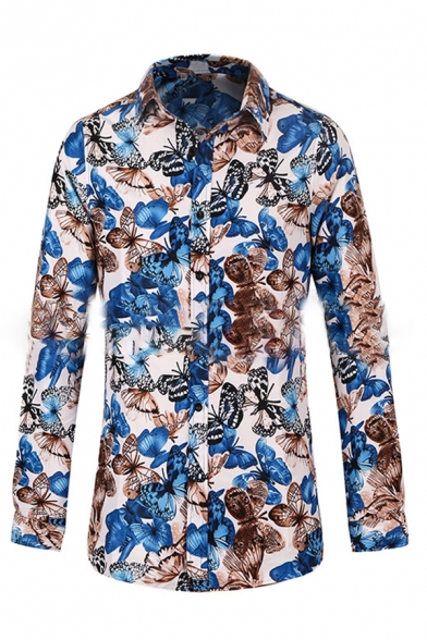 Mens Unique Butterfly and Floral Printed Long Sleeve Lapel Collar Fitted Hawaiian Shirt