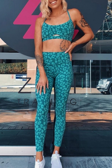 New Fashion Solid Color Leopard Print Cropped Cami Tank & Skinny Pants Two Piece Sports Set