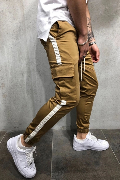 New Trendy Stripe Print Flap Pocket Sweatpants Ankle Banded Pants with Drawstring
