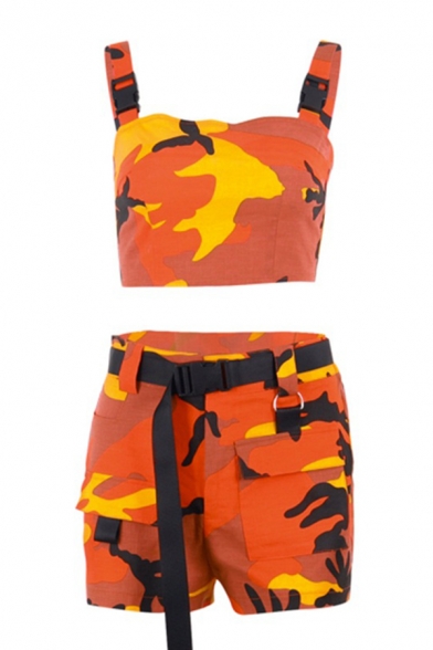 Orange Camo Print Zip Back Cropped Tank Top Pusha Buckle Belted Shorts Leisure Co-ords
