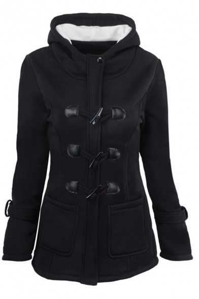 Plain Basic Long Sleeve Hooded Zip Front Pockets Side Sherpa Liner Slim Fit Duffle Coat for Women