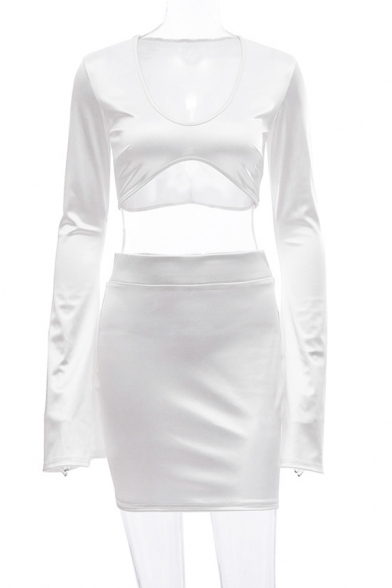 Plain Designer Flared Long Sleeve Cropped Top with Mini Skirt Two Piece Satin Co-ords