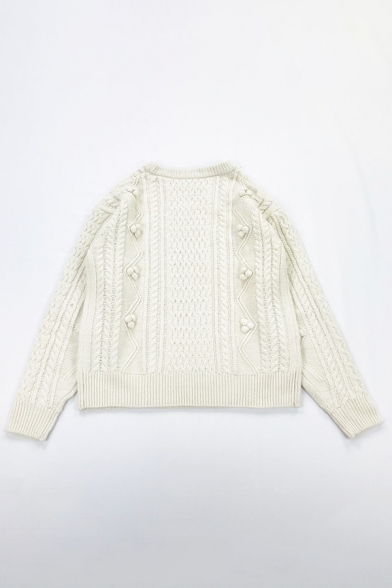 Popular Solid Long Sleeve Cable Knit Pompom Decoration Aran Jumper Sweater