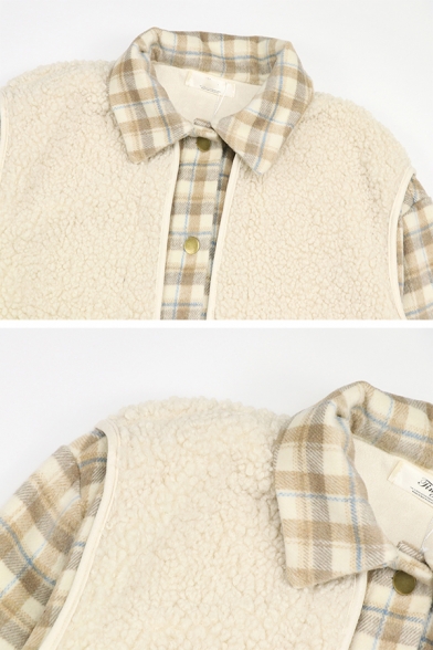 Preppy Looks Long Sleeve Lapel Collar Button Down Plaid Print Sherpa Oversize Jacket in Beige for Girls
