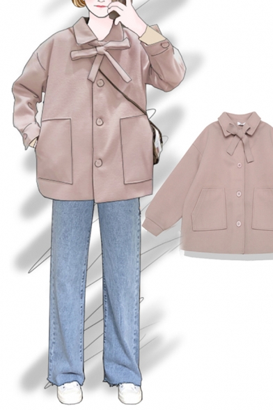 Preppy Looks Long Sleeve Lapel Neck Bow Tie Button Down Patched Pockets Plain Relaxed Jacket for Girls