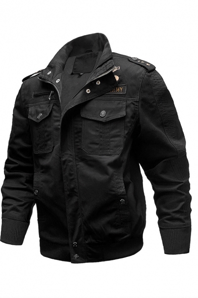 rendy Plain Embroidery Logo Print Epaulets Long Sleeve Zip Up Cotton Military Jacket