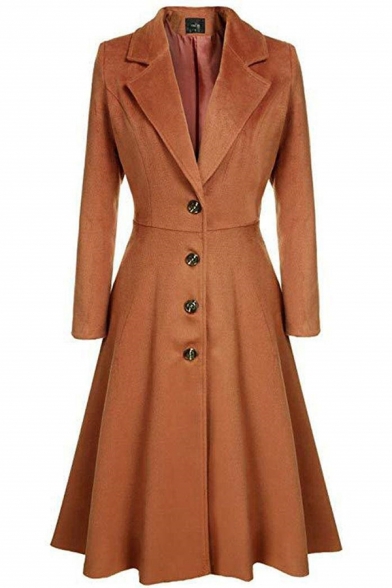 Simple Fashion Ladies' Long Sleeve Notch Lapel Collar Button Down Pleated Plain Long A-Line Wool Coat