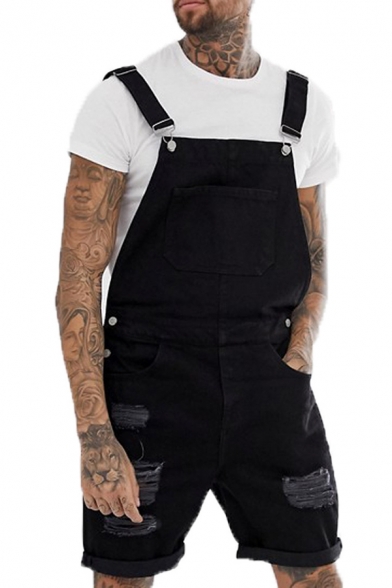 Simple Plain Black Ripped Shredded Roll-Up Hem Loose Fit Jeans Shorts Overalls