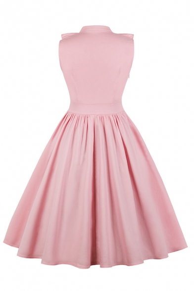 Special Occasion Sleeveless Ruffle-Collar Button Front Ruched Plain Mid Length Pleated Flared Dress for Girls
