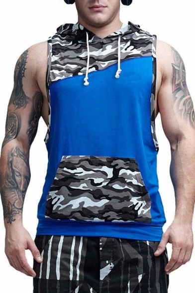Sport Leisure Camo Panel Pouch Pocket Sleeveless Drawstring Hoodie Breathable Vest