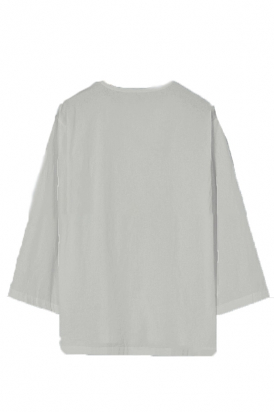 Street Fashion Plain Half Sleeve V-Neck Relaxed Fit Linen Blouse for Men