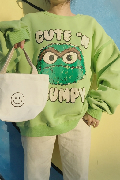 Streetwear Cool Long Sleeve Crew Neck Letter CUTE'N CRUMPY Cartoon Print Boxy Pullover Sweatshirt for Girls