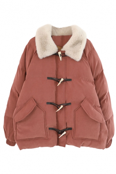 Stylish Cute Girls' Long Sleeve Lapel Neck Flap Pockets Sherpa Patched Oversize Duffle Coat in Orange