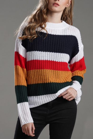 Trendy Street Women's White Long Sleeve Crew Neck Stripe Printed Waffle Knit Loose Fit Pullover Sweater