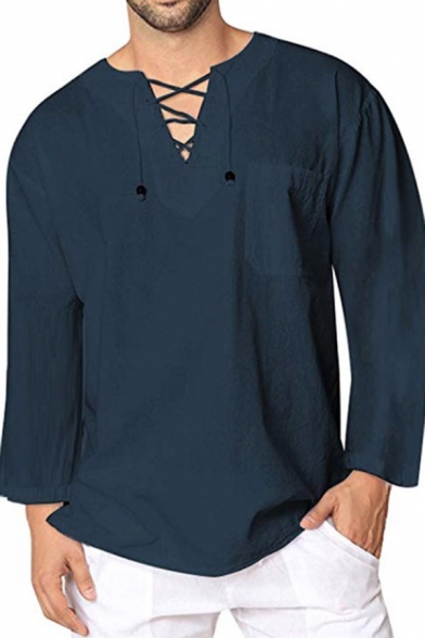 Unique Lace-Up V Neck Long Sleeve Whole Colored Oversized Shirt Top for Men