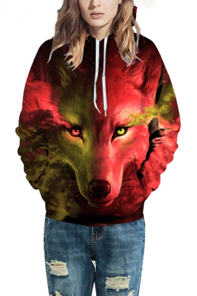 Unisex Creative Wolf 3D Pattern Long Sleeves Color-Block Pullover Hoodie
