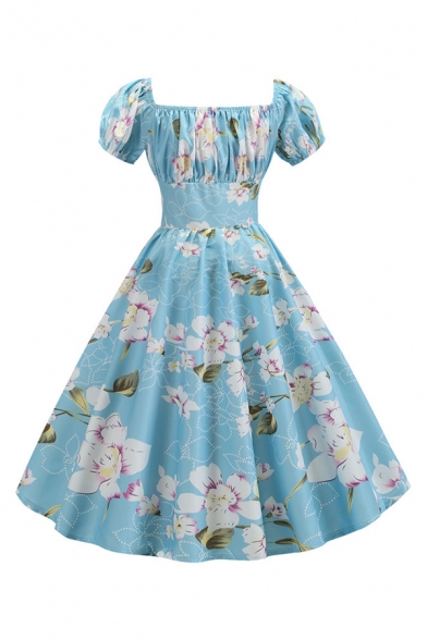 Vintage Girls' Puff Sleeve Square Neck All Over Candy Print Long Pleated Swing Dress