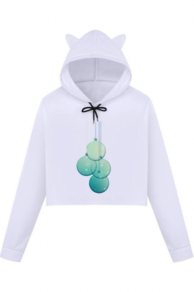 White Cute Long Sleeve Drawstring Christmas Printed Crop Relaxed Cat Ear Hoodie for Girls