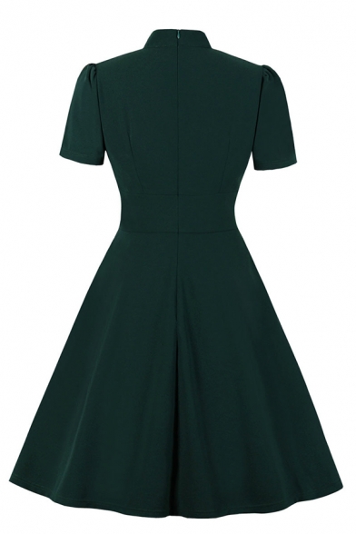 Women's Formal Short Sleeve Stand Collar Cut Out Button Detail Zip Back Ruched Midi Pleated Flared A-Line Dress in Green