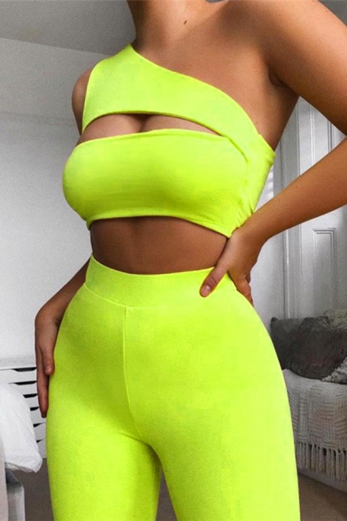 Women's Sexy Plain Cutout Front One Shoulder Cropped Top with Shorts Two Piece Outfits