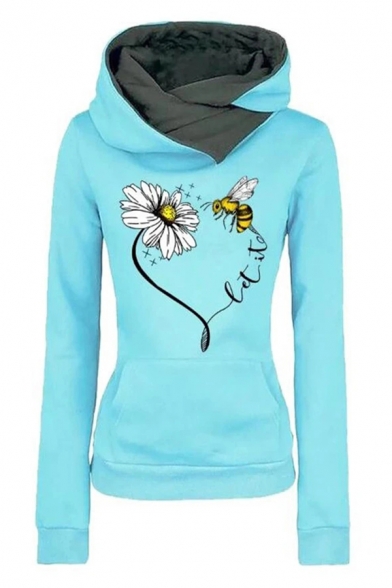 Womens Chic Flower and Bee Print Contrast Funnel Neck Kangaroo Pocket Pullover Hoodie