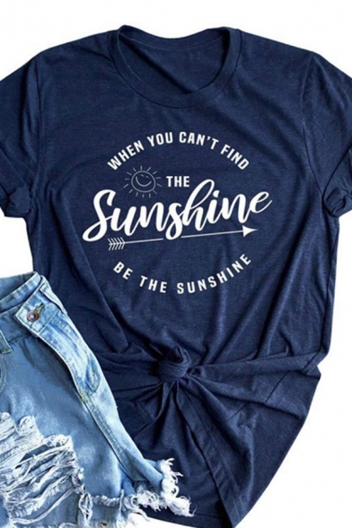 Basic Cozy Roll Up Sleeve Crew Neck Letter THE SUNSHINE Arrow and Sun Printed Loose T-Shirt for Women
