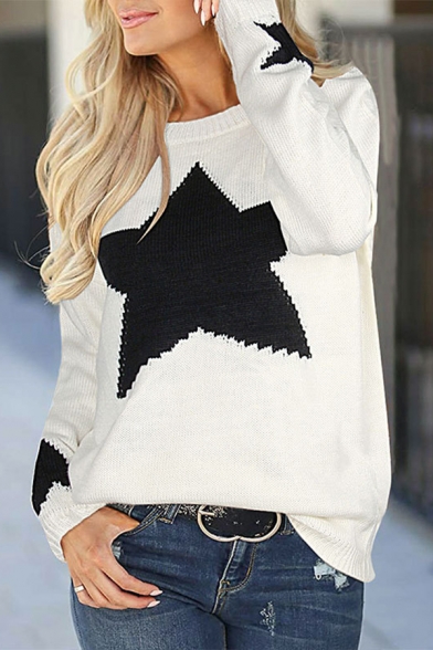 Basic Trendy Ladies' Long Sleeve Crew Neck Pentagram Printed Plain Baggy Sweater-Knit Top
